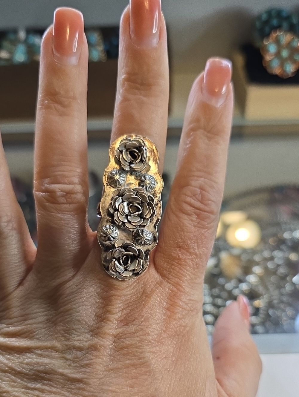 Floral Custom Sterling Silver Native Signed And Stamped Statement Ring Sz 8
